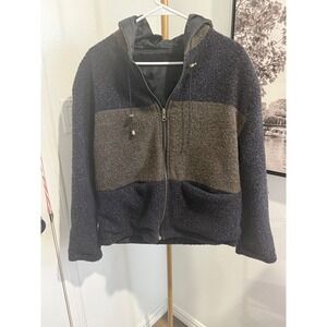 Hot Spices Mens Medium Colorblock Textured Boucle Zip Hooded Jacket Navy Brown